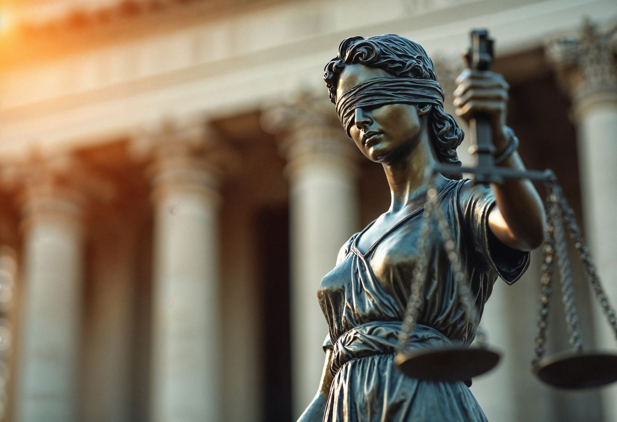 blind justice statue with courthouse in background